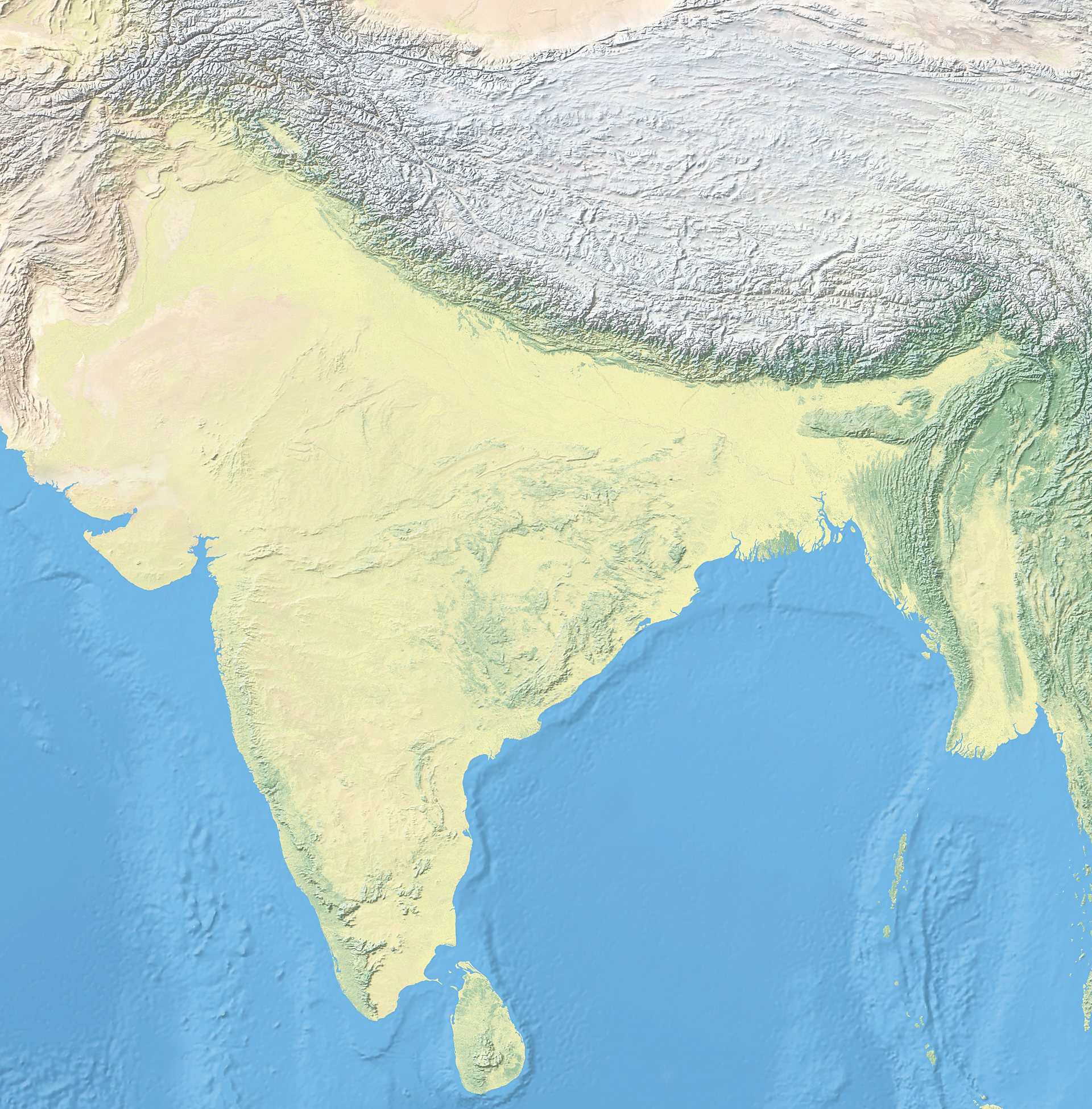 Shaded relief map of India and Bhutan